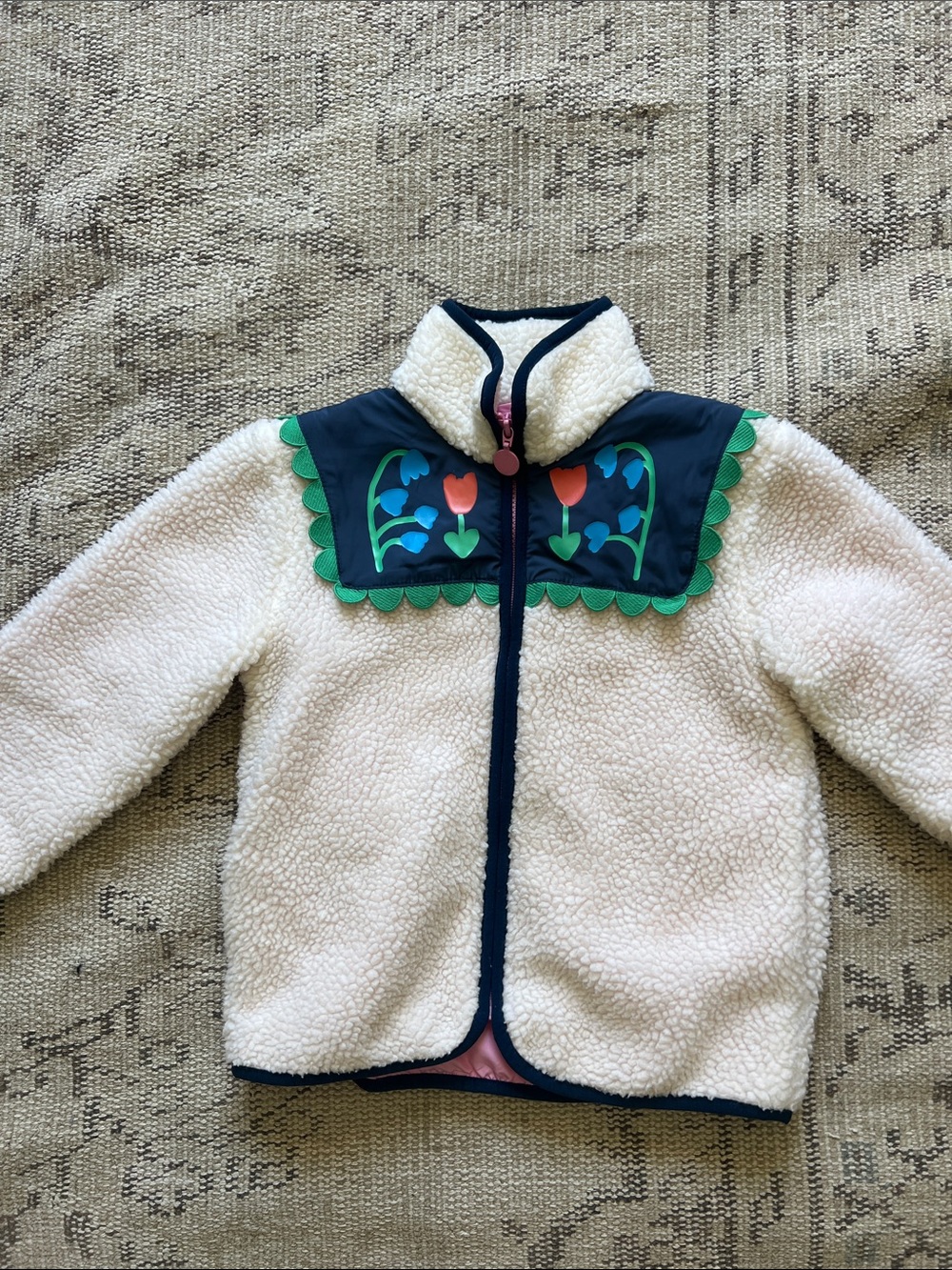 Kids Cream Sherpa Jacket with Navy Floral Yoke